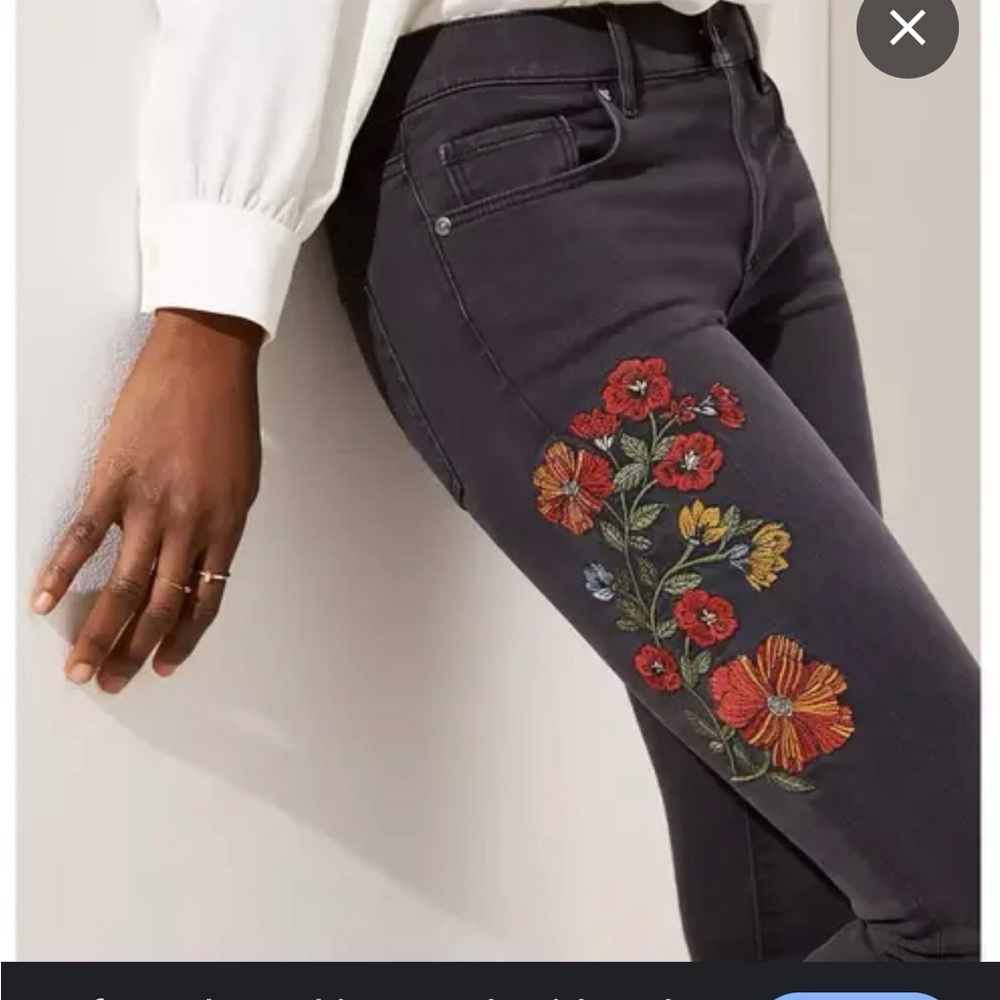 LOFT Black Skinny Jeans with Red & Yellow Floral Embroidery